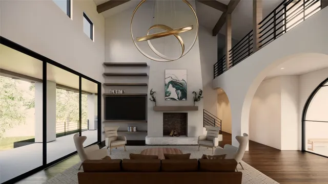 a living room with fireplace furniture and a flat screen tv