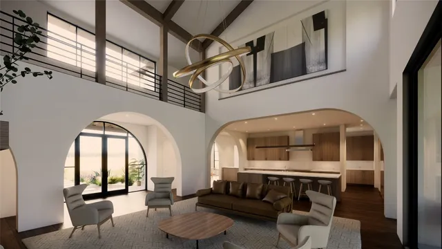 a living room with couches a fireplace and cabinet with wooden floor