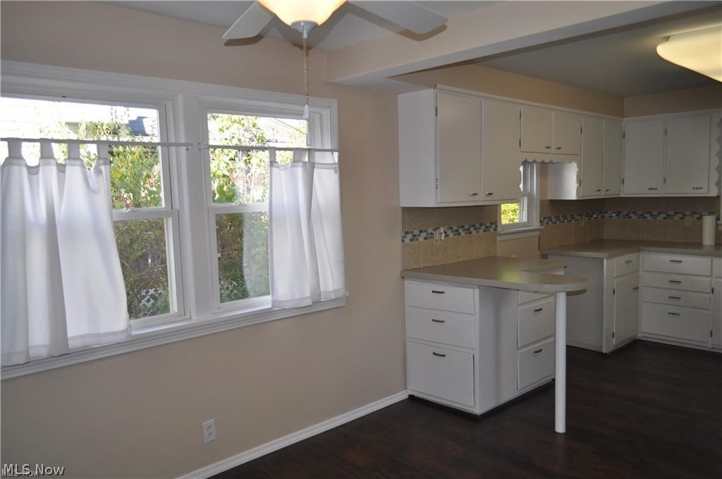 11805 Granger Road Cleveland, OH 44125 - Photo 4 of 9 Kitchen featuring ceiling fan, backsplash, white cabinetry, and a wealth of natural light