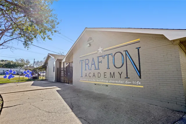 a view of a park that has large trees