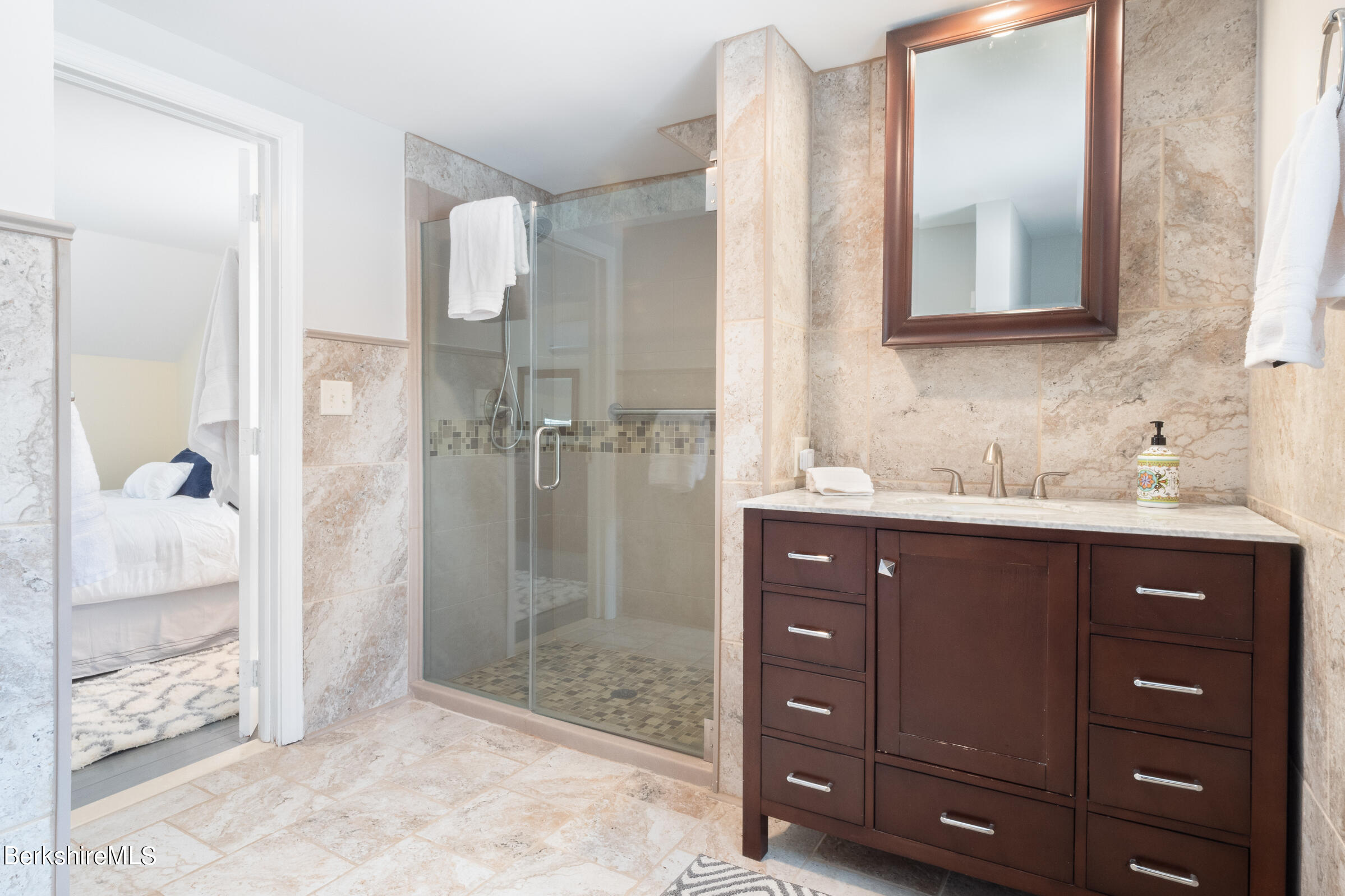 7 Hawthorne Road Stockbridge, MA 01262 - Photo 33 of 41 a bathroom with a sink a shower and a mirror