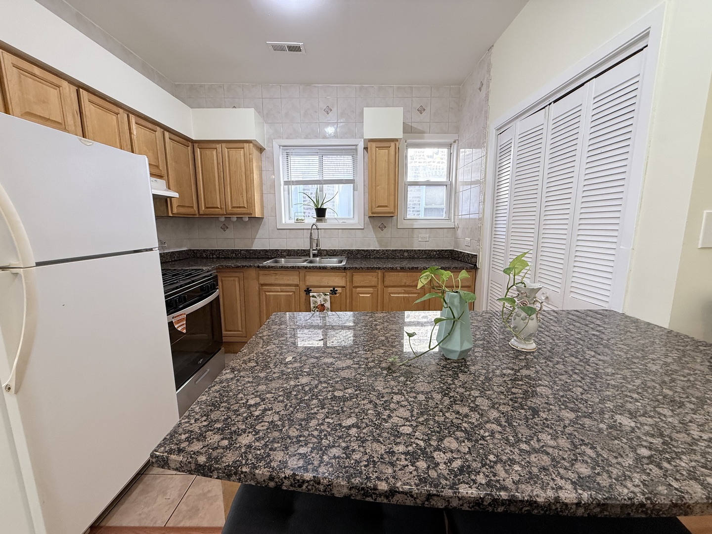 3643 South Hamilton Avenue, Unit 3 Chicago, IL 60609 - Photo 7 of 29 a large kitchen with kitchen island granite countertop a sink a stove a refrigerator a washer and dryer with wooden floor