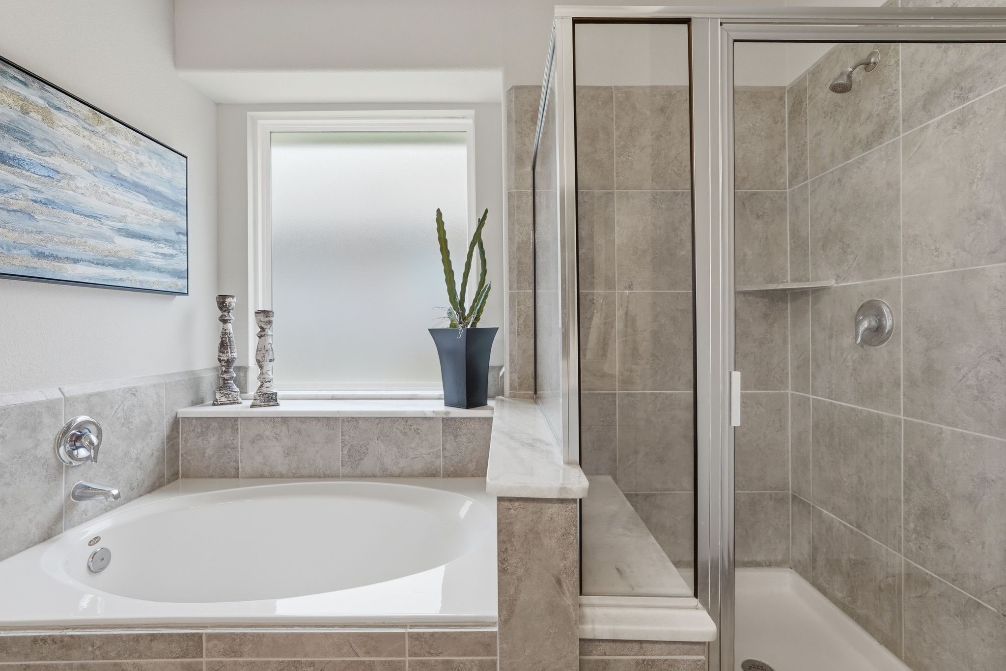 7522 Windsor View Drive Spring, TX 77379 - Photo 29 of 49 Relaxing bath featuring a soaking tub and separate glass-enclosed shower.