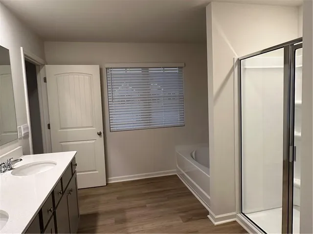 a bathroom with a sink a mirror and a shower