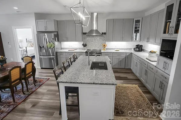 a view of a dining room with furniture