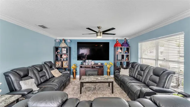 a living room with furniture ceiling fan and a window