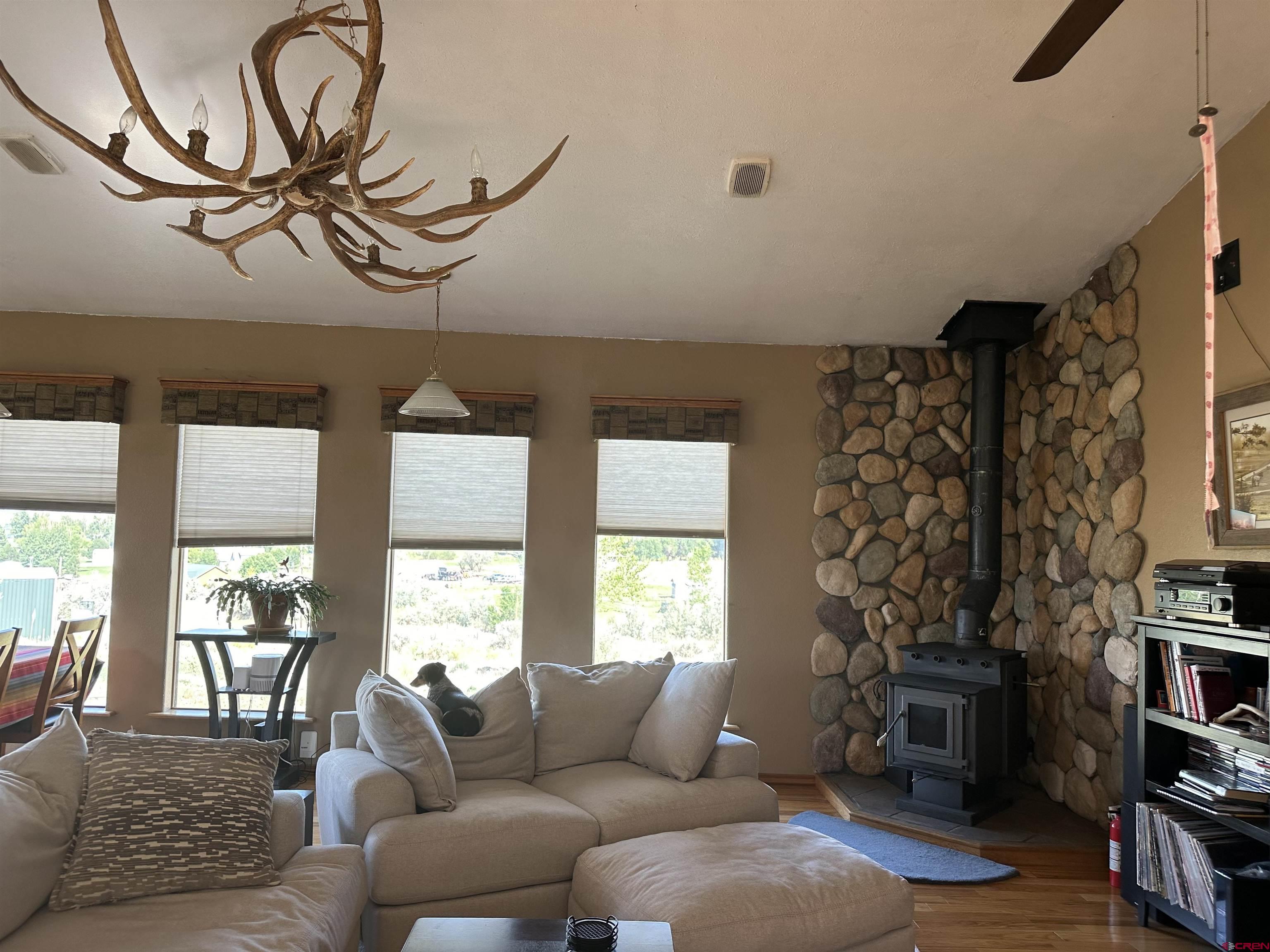 16432 Bull Mesa Road Cedaredge, CO 81413 - Photo 5 of 15 a living room with furniture a fireplace and a floor to ceiling window