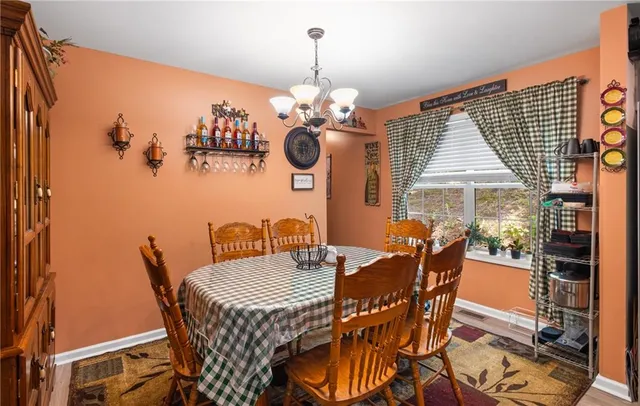 a view of a dining room with furniture and window