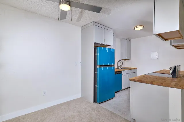 a kitchen with a refrigerator and a sink