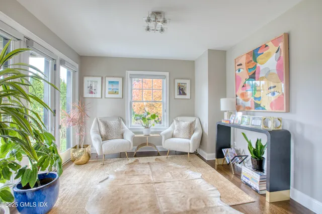 a living room with furniture and a potted plant
