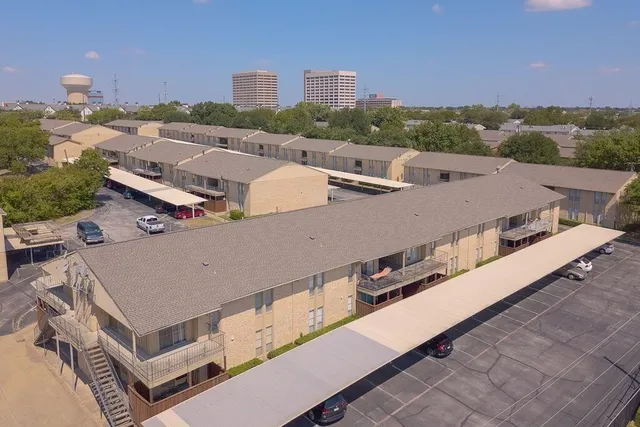 an aerial view of a swimming pool
