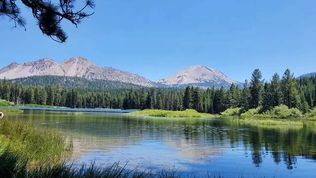a view of a lake with a mountain in the background