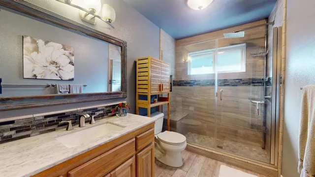 a bathroom with a sink a toilet and shower