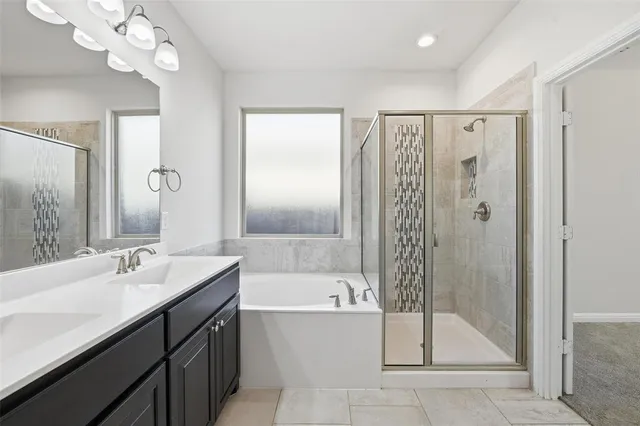 a bathroom with a double vanity sink mirror and shower