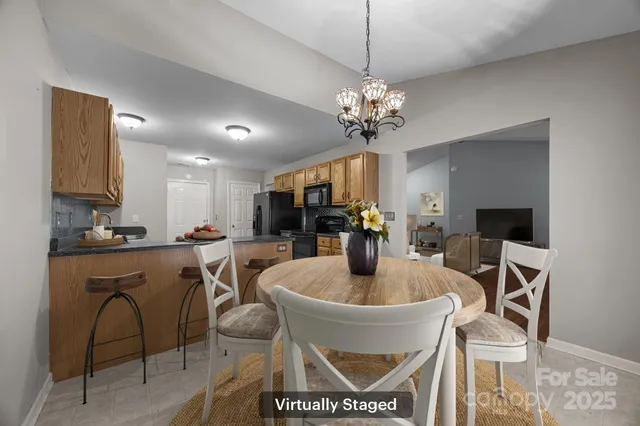 a view of a dining room with furniture