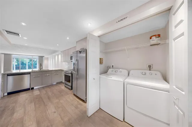 a kitchen with a refrigerator and a stove top oven