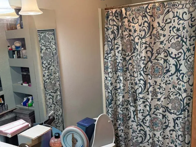 a bathroom with a toilet and a shower curtain