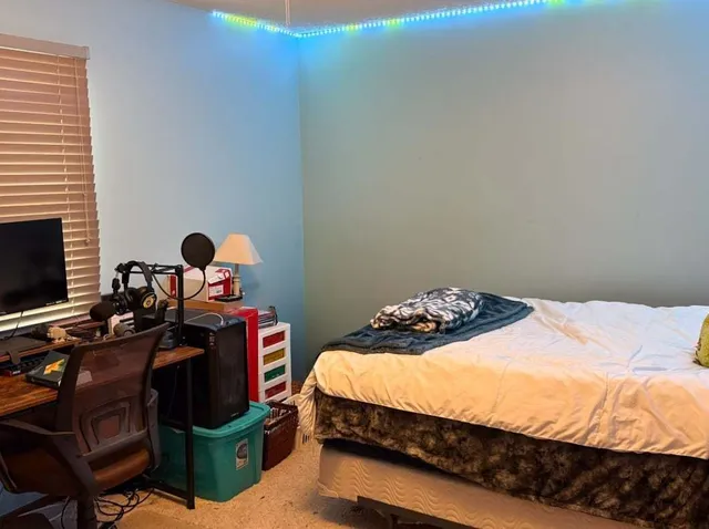 a bedroom with a bed and a tv