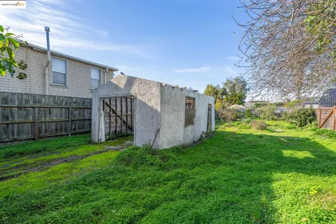a view of a backyard with a small cabin