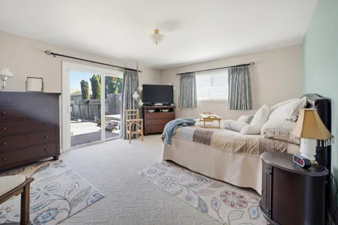 a bed room with a bed and a television