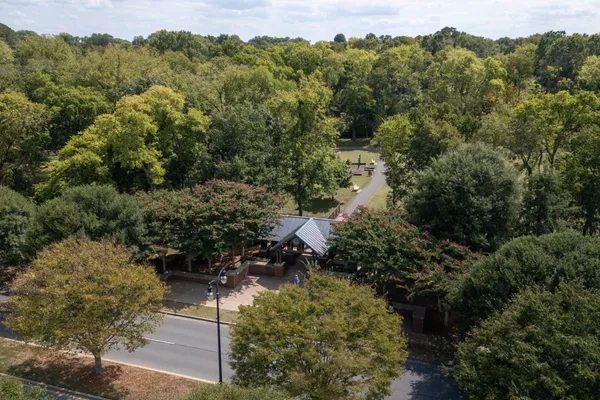an aerial view of a forest with houses