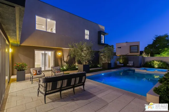 a outdoor space with lots of furniture and garden