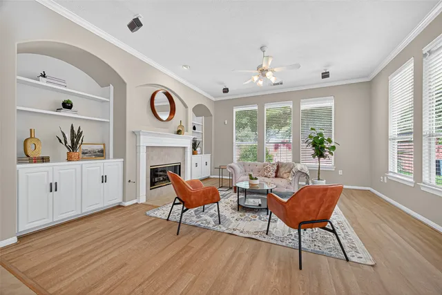 a living room with furniture and a potted plant