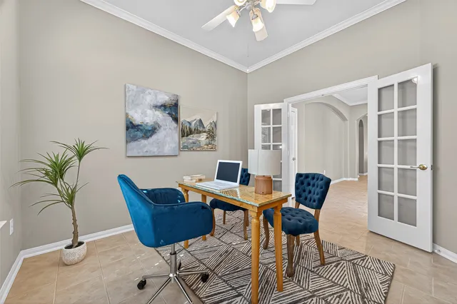 a living room with furniture and a potted plant