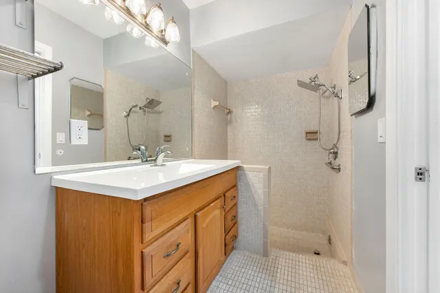 a bathroom with a sink a mirror a vanity and shower