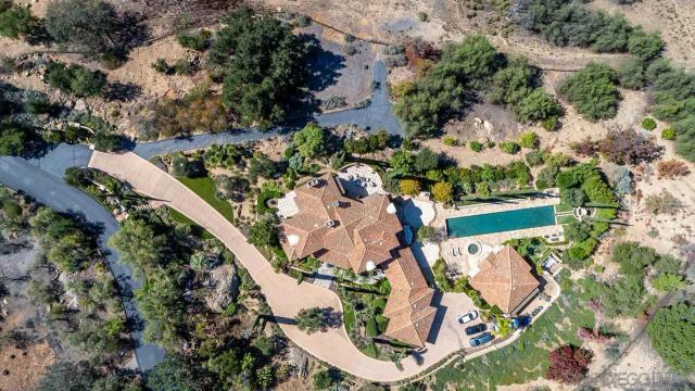 an aerial view of residential houses with outdoor space and trees