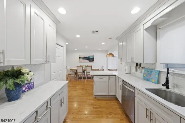 a view of a hallway with wooden floor and a potted plant