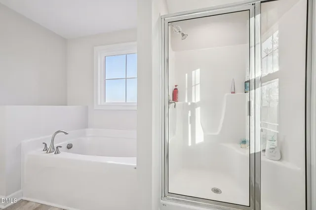 a bathroom with a bathtub and a shower
