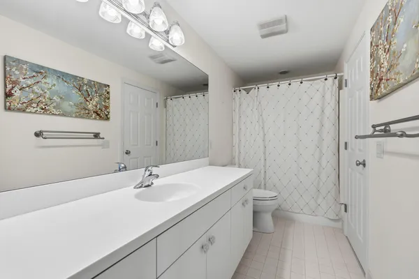 a bathroom with a sink a toilet and a large mirror