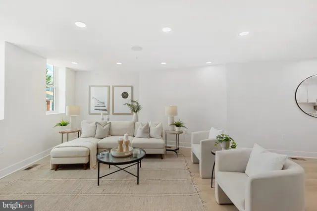 a living room with furniture and a potted plant