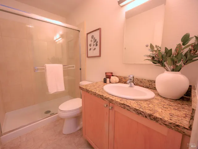 a bathroom with a granite countertop toilet sink and mirror