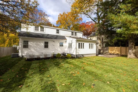 a view of a backyard with a tree
