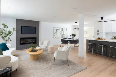 a living room with furniture a rug and a toilet