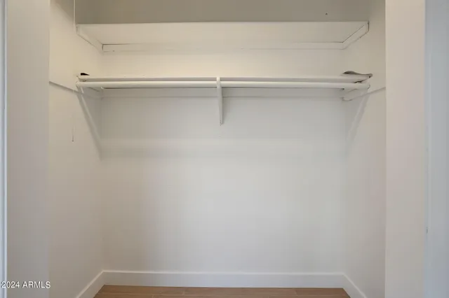 a view of a closet with racks on the wall