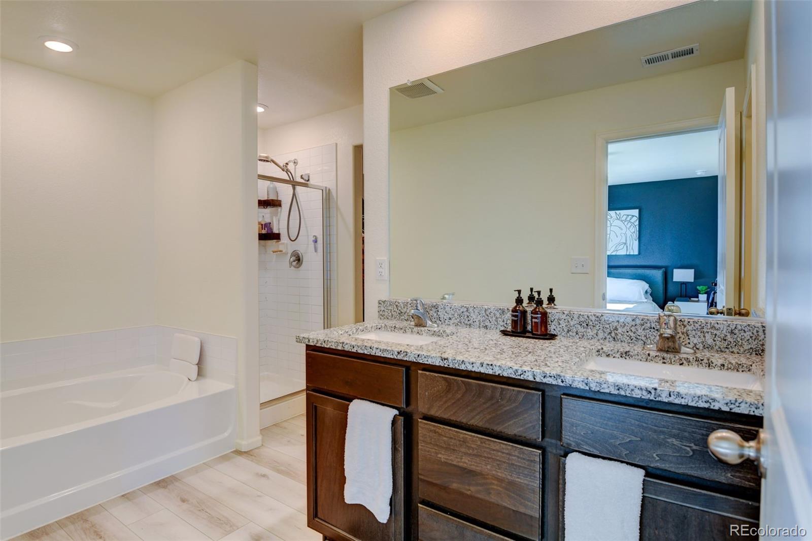 7252 Fall River Circle Frederick, CO 80530 - Photo 19 of 31 a bathroom with a granite countertop sink a mirror and a bathtub