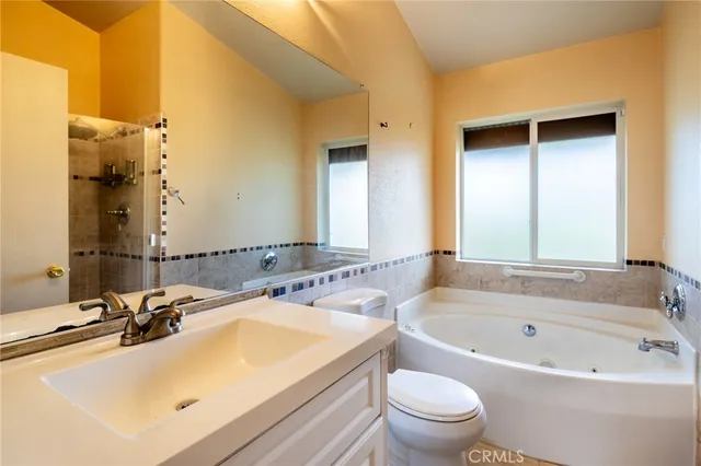 a bathroom with a bathtub and a toilet