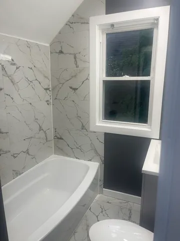 a bathroom with a toilet and a bathtub