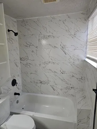 a bathroom with a toilet and a bathtub