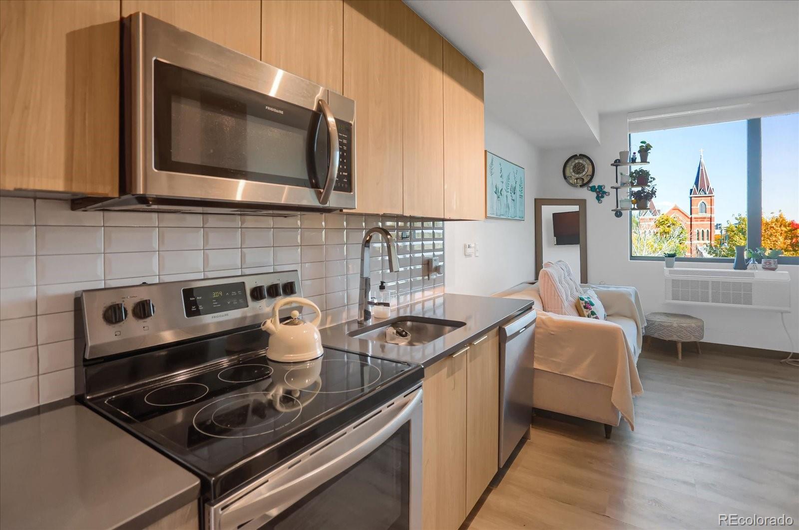 603 Inca Street, Unit 423 Denver, CO 80204 - Photo 7 of 20 a kitchen with stainless steel appliances a stove a sink and a microwave