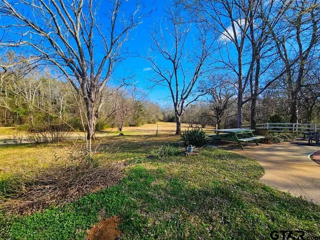 a view of a yard with a house in the background