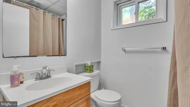 a bathroom with a sink a toilet and a mirror