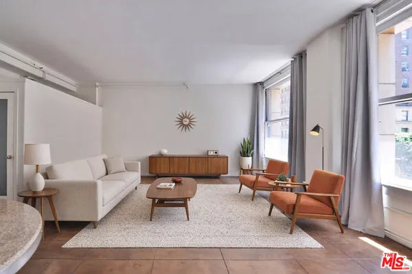 a living room with furniture and a potted plant