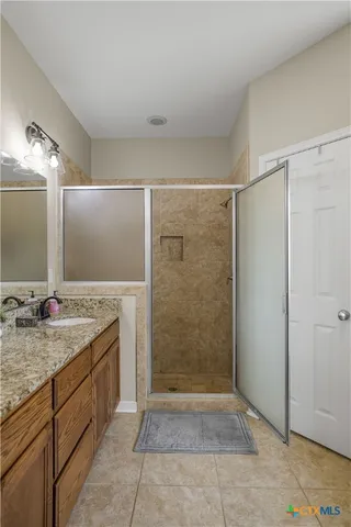 a bathroom with a granite countertop sink a shower and a mirror