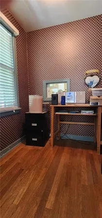 a room with stairs and a table