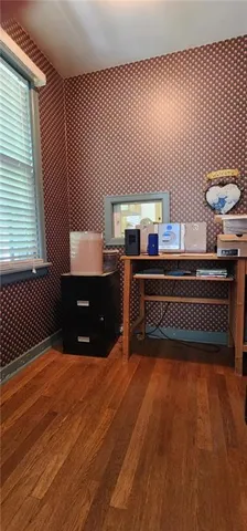 a room with stairs and a table