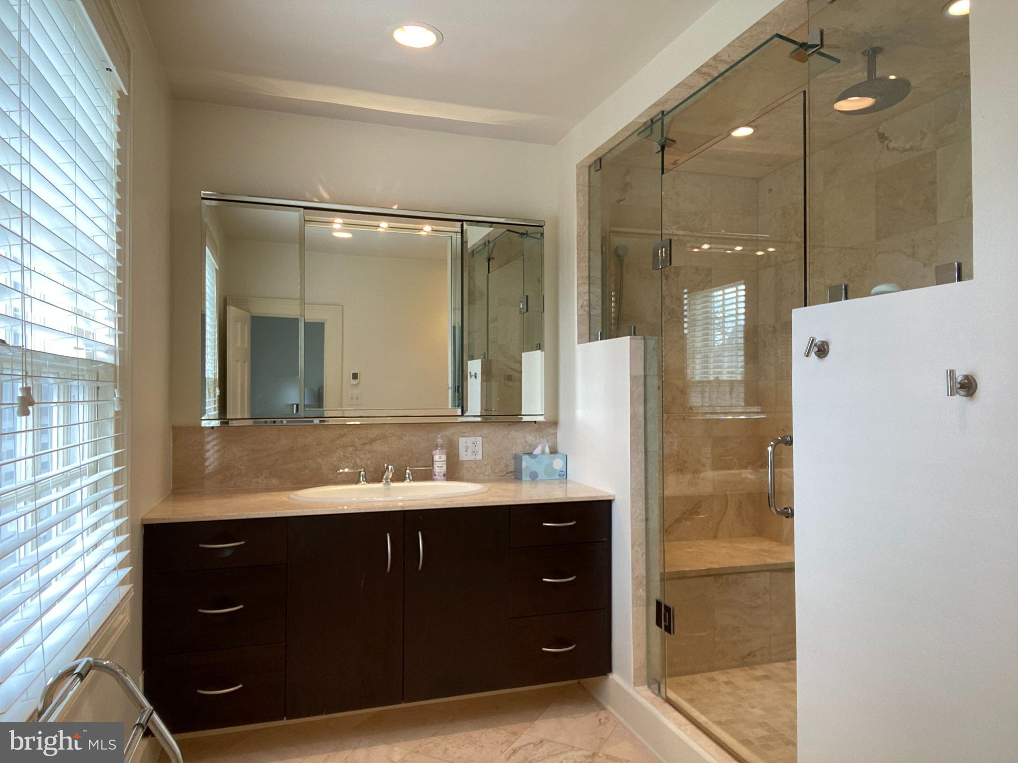 121 Upnor Road Baltimore, MD 21212 - Photo 47 of 79 a bathroom with a granite countertop sink a mirror and shower